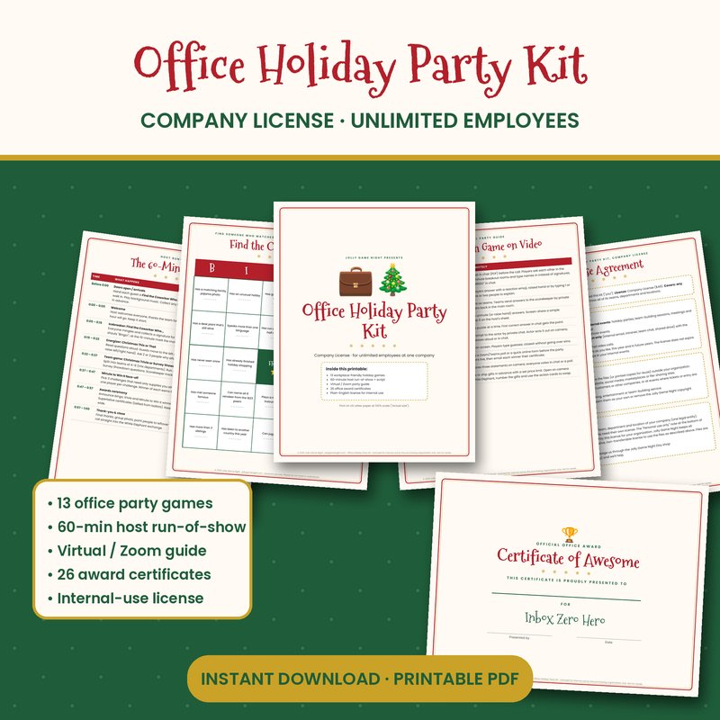 Office Holiday Party Kit printable mockup with games, run-of-show and award certificate