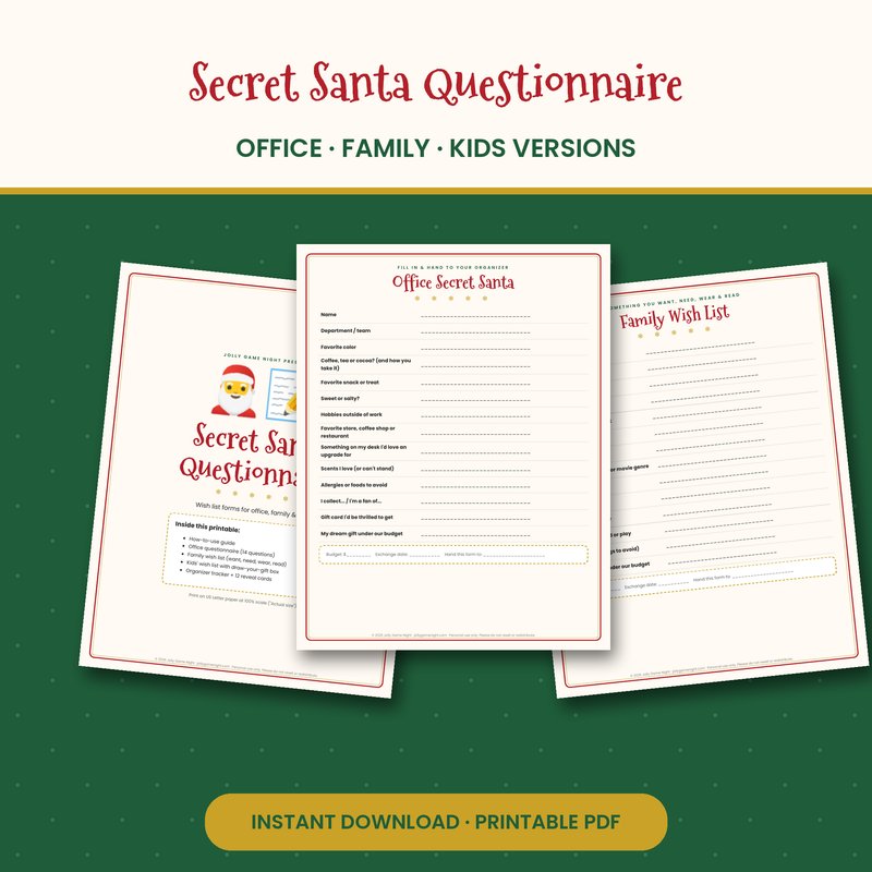 Secret Santa Questionnaire Printable printable mockup